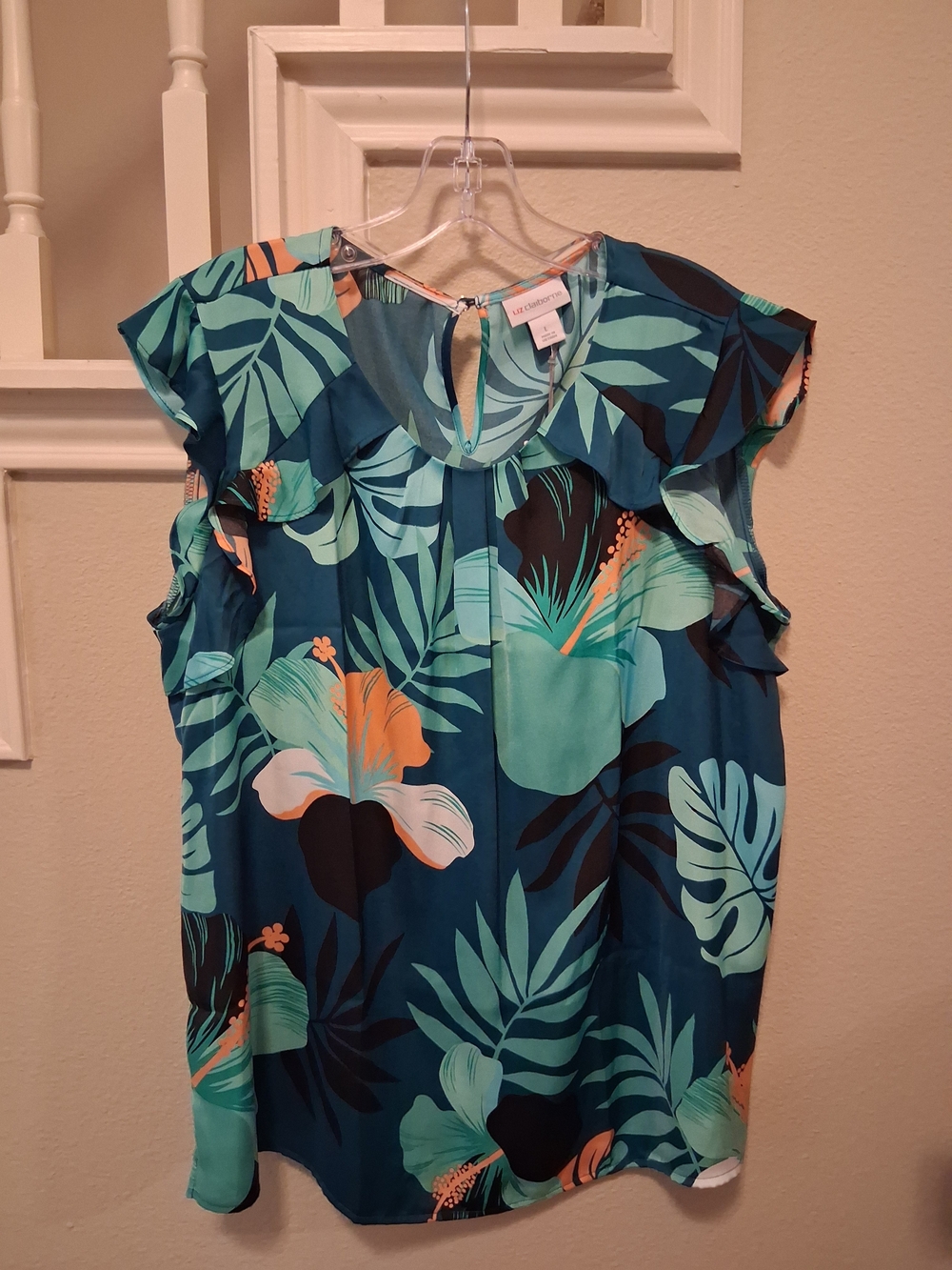 Liz Claiborne Teal Tropical Ruffle Sleeve Blouse